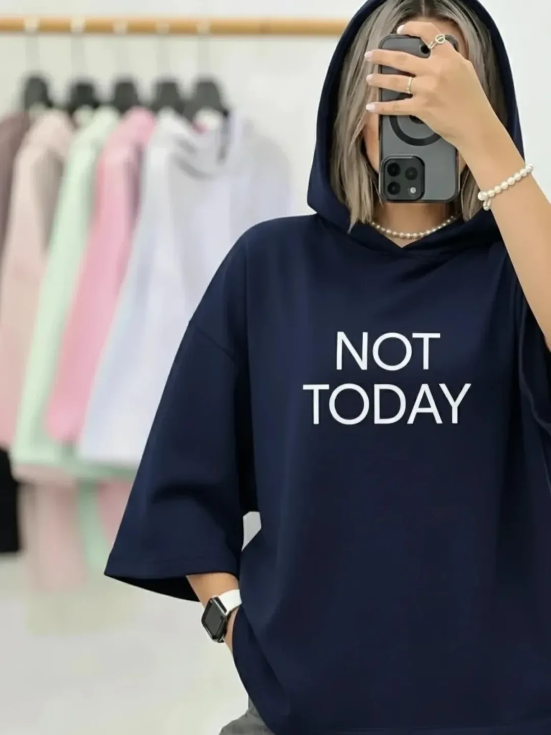 تیشرت باکسی کلاه دار NOT TODAY | فروشگاه الاستایل