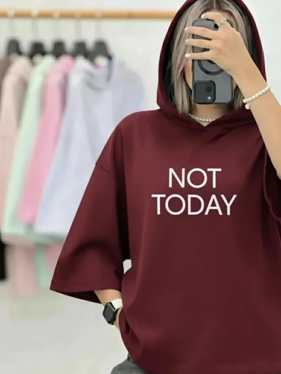 تیشرت باکسی کلاه دار NOT TODAY | فروشگاه الاستایل